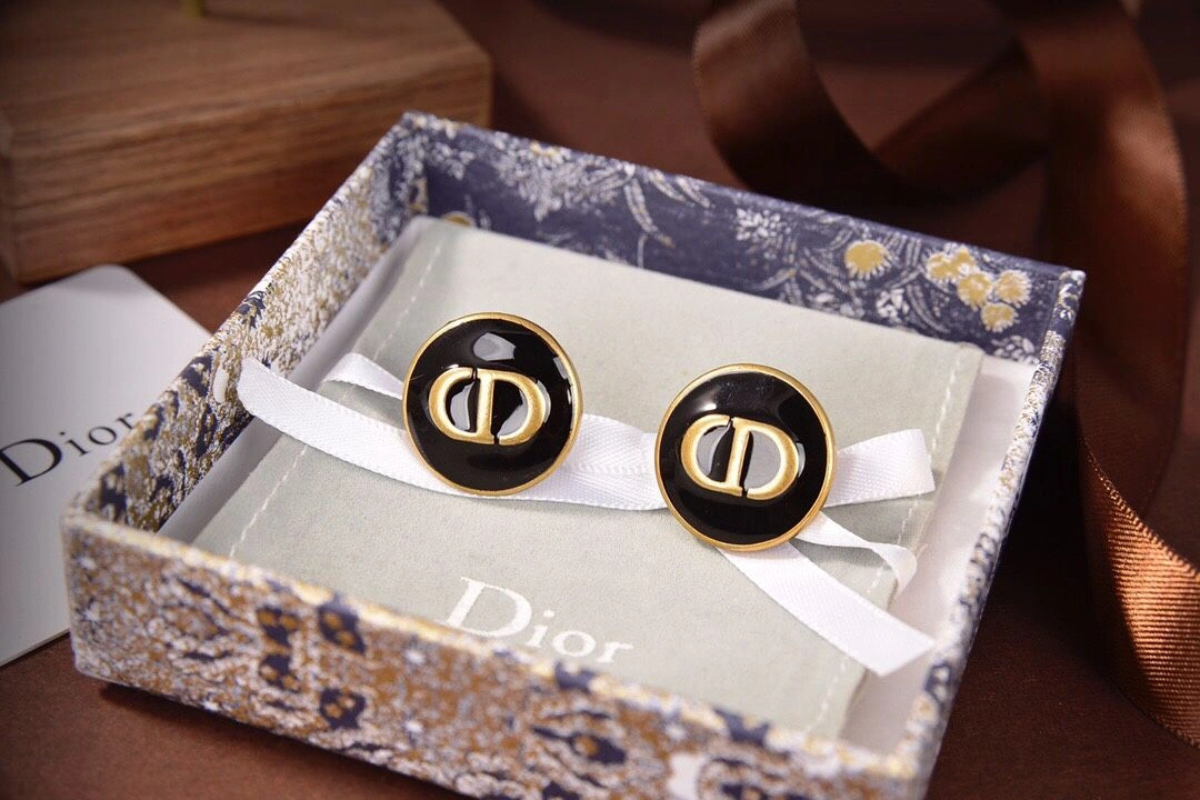 Women’s Hot Selling Dior Antique Brass CD Logo Pattern Nummular Black Enamel Stud Earrings Fashion StreetChic