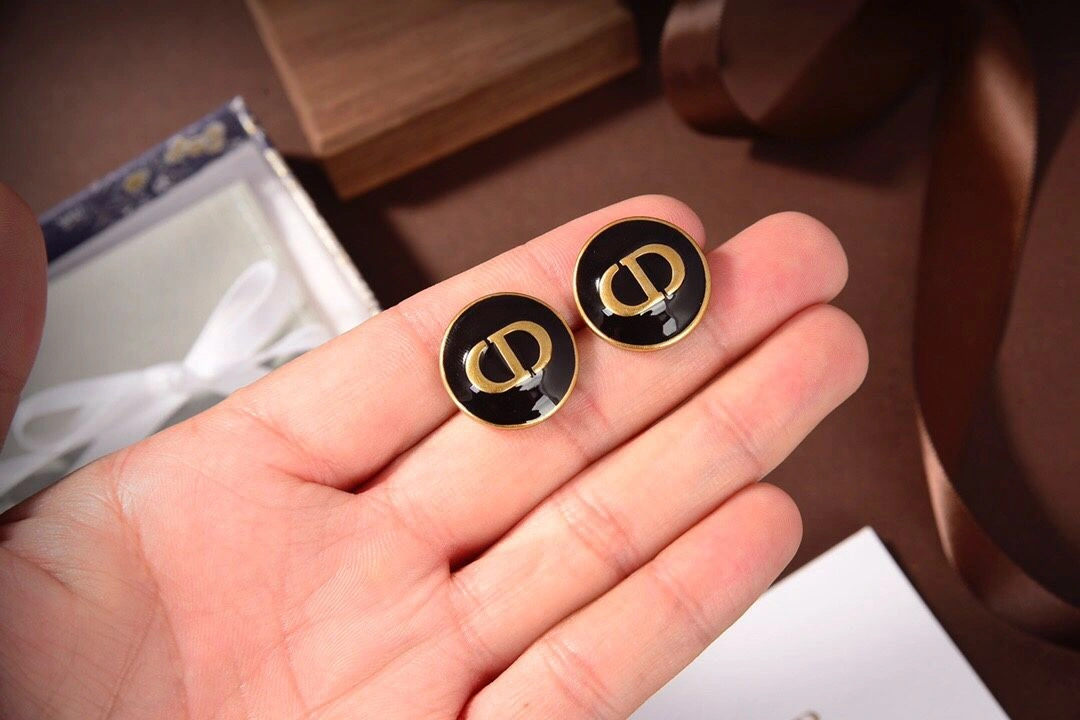 Women’s Hot Selling Dior Antique Brass CD Logo Pattern Nummular Black Enamel Stud Earrings Fashion StreetChic