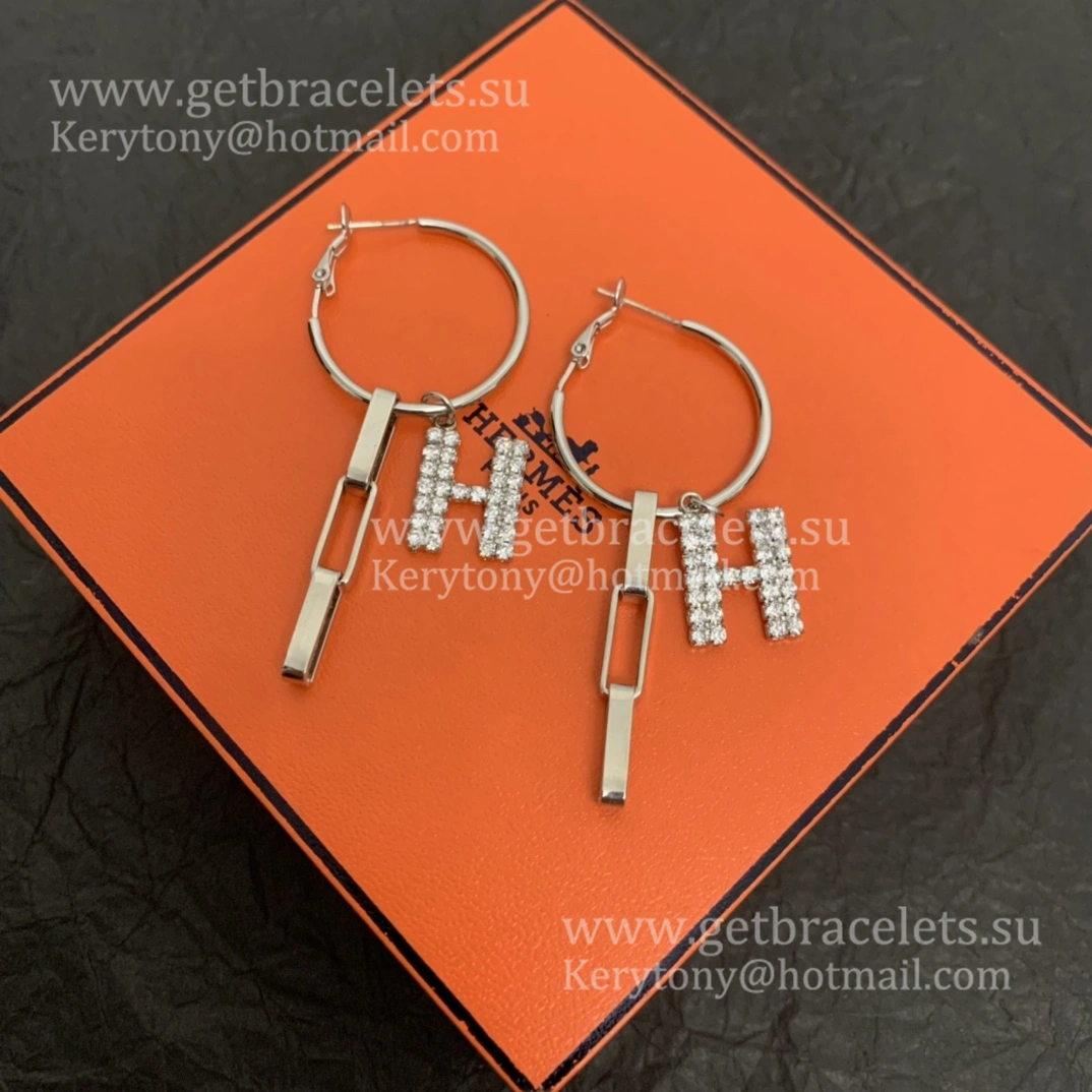 Worthy Hermes Women H LOGO Sterling Silver Earrings With Diamonds