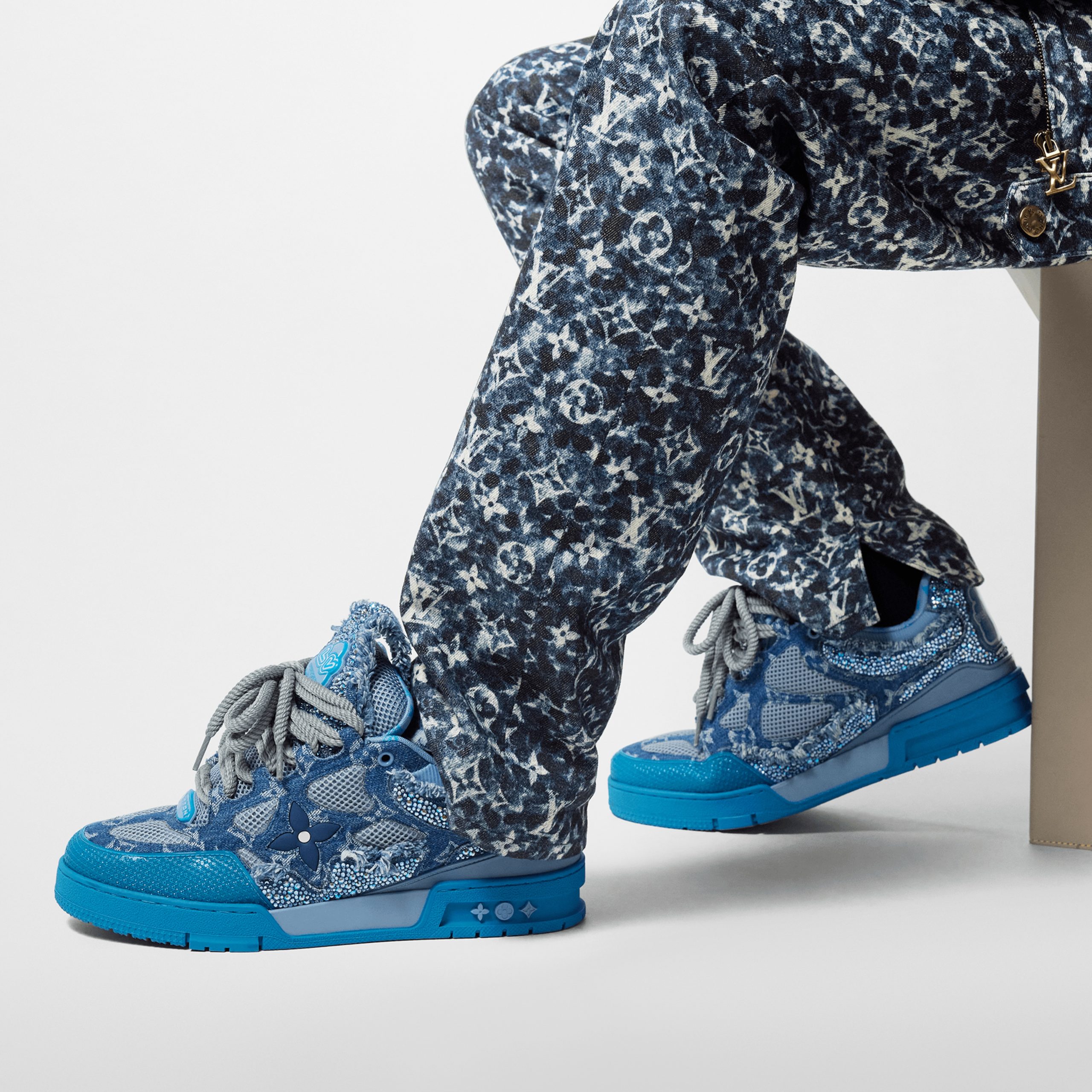 Lvlenka Louis Vuitton LV Skate Sneaker Swarovski Crystals Monogram Denim Blue 1ABMHF