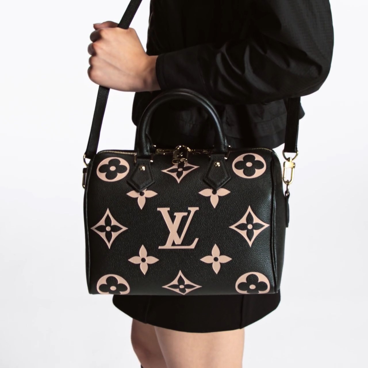 Lvlenka Louis Vuitton M58947 Speedy Bandoulière 25 Bicolor Monogram Empreinte Leather Black Beige