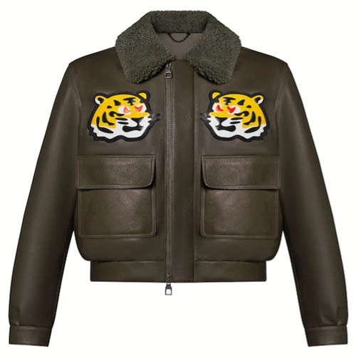 1A9K3M Tiger patterned leather belted jacket