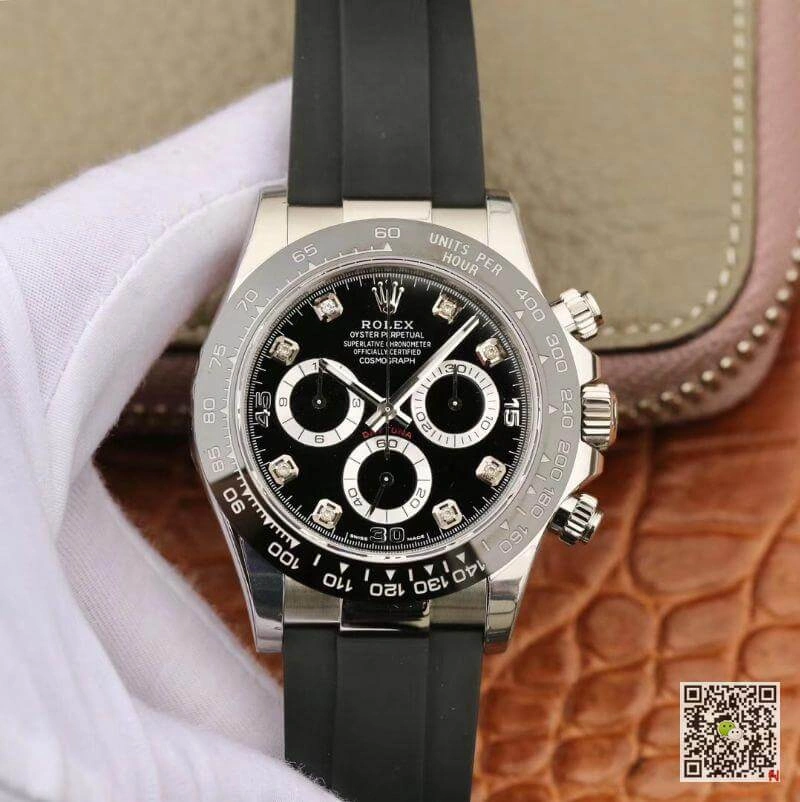 Rolex Daytona Cosmograph 116519 Noob Factory 1:1 Best Edition Replica Watch Diamonds Markers Swiss ETA4130 Black Rubber Strap