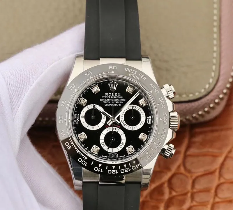 Rolex Daytona Cosmograph 116519 Noob Factory 1:1 Best Edition Replica Watch Diamonds Markers Swiss ETA4130 Black Rubber Strap