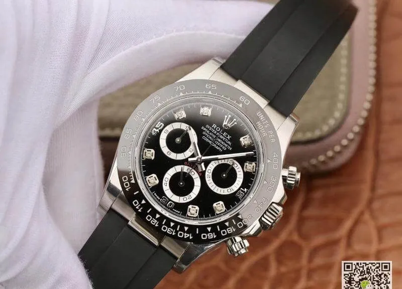 Rolex Daytona Cosmograph 116519 Noob Factory 1:1 Best Edition Replica Watch Diamonds Markers Swiss ETA4130 Black Rubber Strap