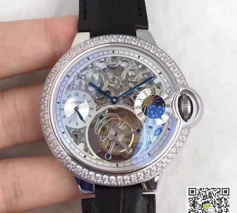 Ballon Bleu De Cartier Tourbillon 1:1 Best Edition Replica Watch Swiss Tourbillon Diamonds bezel Black Leather Strap