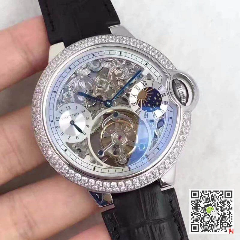 Ballon Bleu De Cartier Tourbillon 1:1 Best Edition Replica Watch Swiss Tourbillon Diamonds bezel Black Leather Strap
