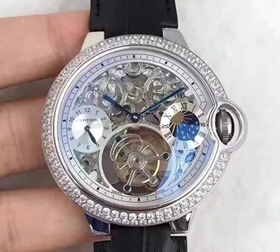 Ballon Bleu De Cartier Tourbillon 1:1 Best Edition Replica Watch Swiss Tourbillon Diamonds bezel Black Leather Strap