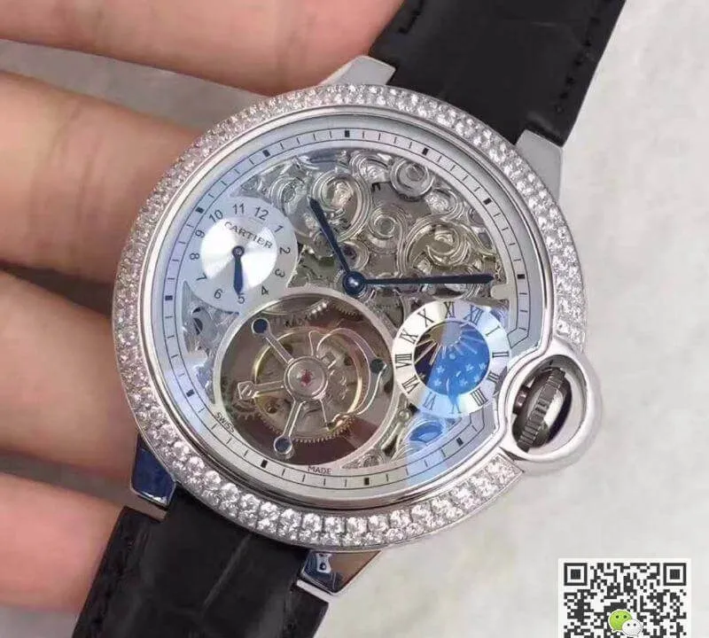 Ballon Bleu De Cartier Tourbillon 1:1 Best Edition Replica Watch Swiss Tourbillon Diamonds bezel Black Leather Strap