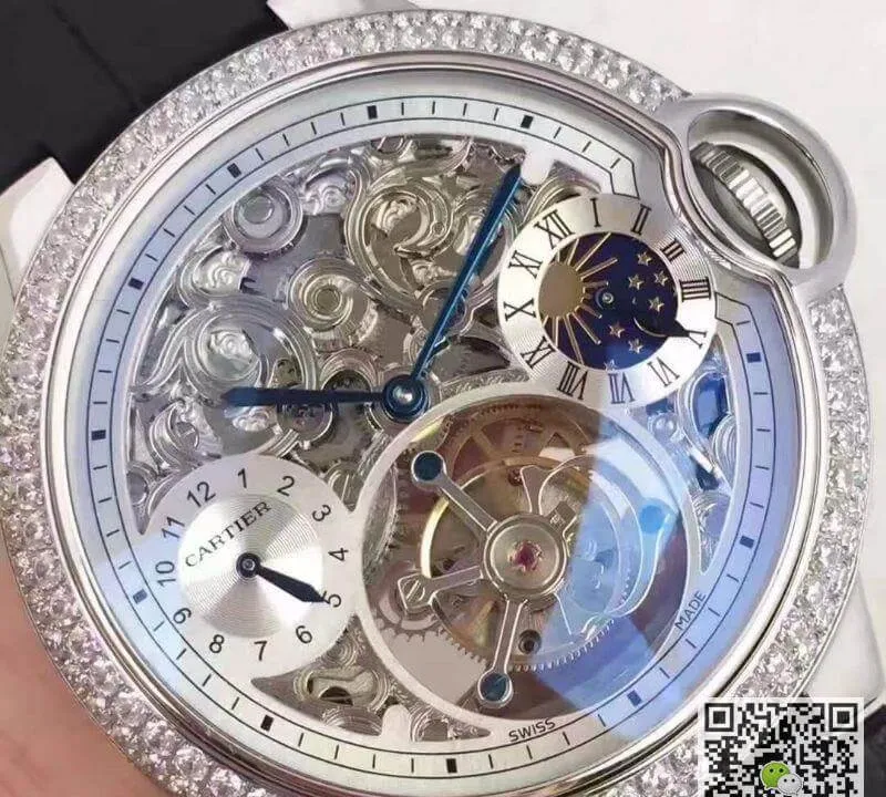 Ballon Bleu De Cartier Tourbillon 1:1 Best Edition Replica Watch Swiss Tourbillon Diamonds bezel Black Leather Strap