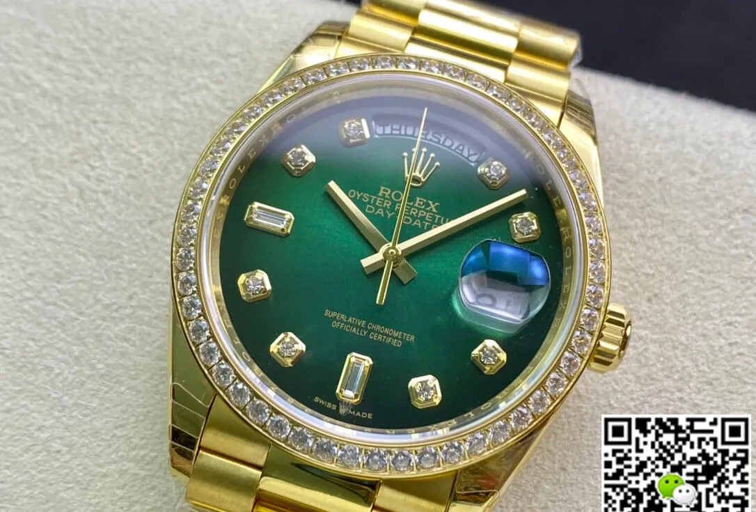 Rolex Day Date M128348RBR-0035 EW Factory 1:1 Best Edition Replica Watch Diamond Green Dial
