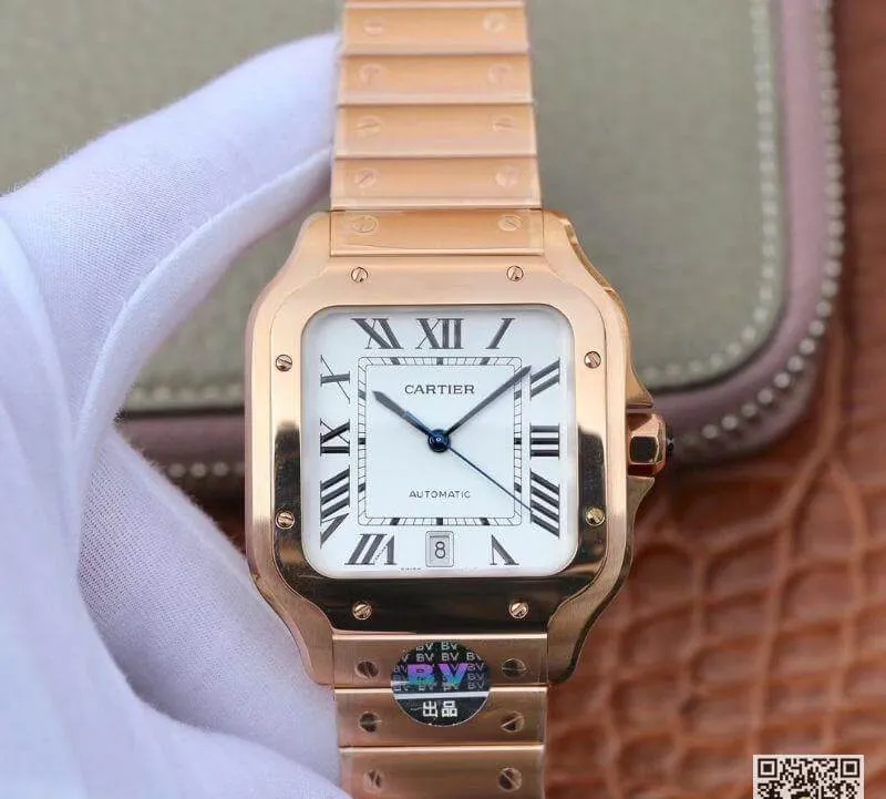 Cartier De Santos Stainless Steel Case BV Factory 1:1 Best Edition Replica Watch White Dial Swiss ETA9015 18K Gold White Dial