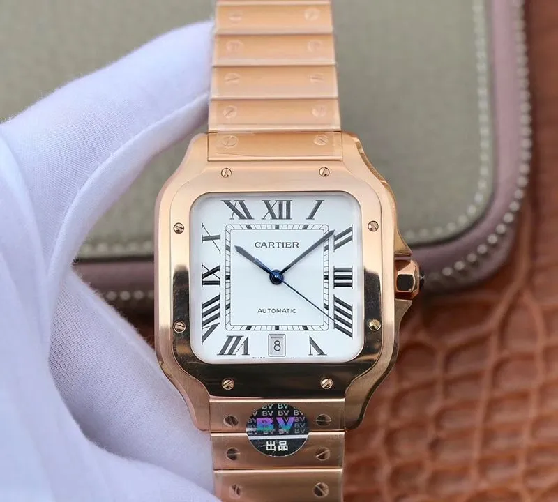 Cartier De Santos Stainless Steel Case BV Factory 1:1 Best Edition Replica Watch White Dial Swiss ETA9015 18K Gold White Dial