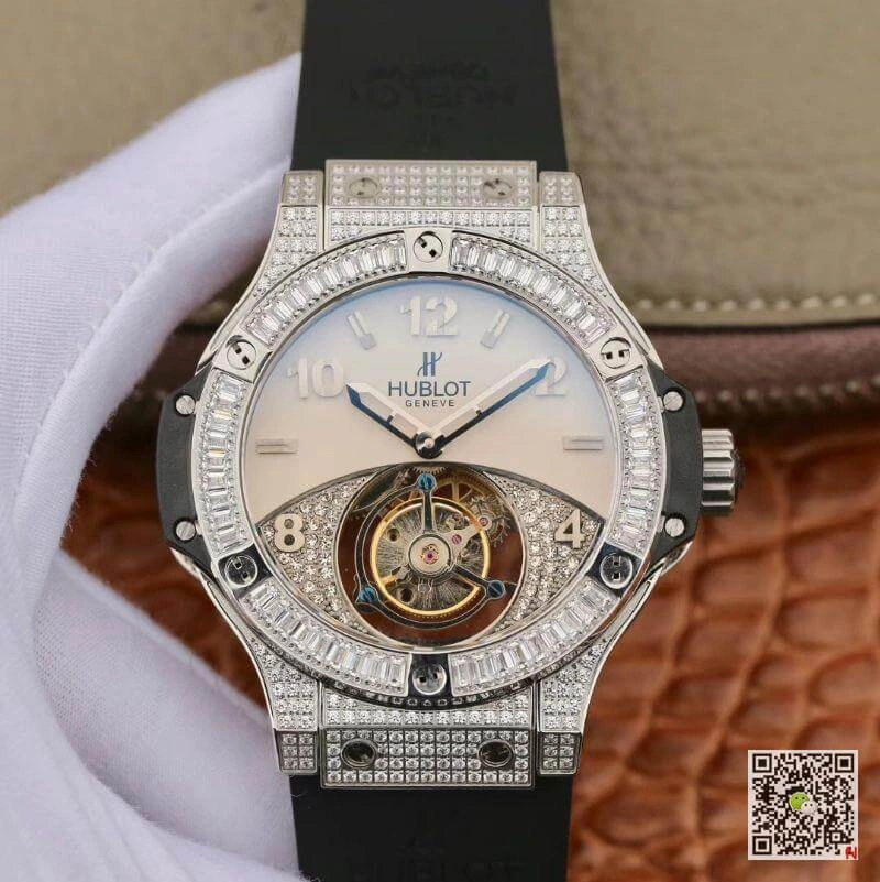 Hublot Classic Fusion 45mm Tourbillon With Diamond Gray Dial 1:1 Best Edition Replica Watch on Black Rubber Strap Swiss Tourbillon