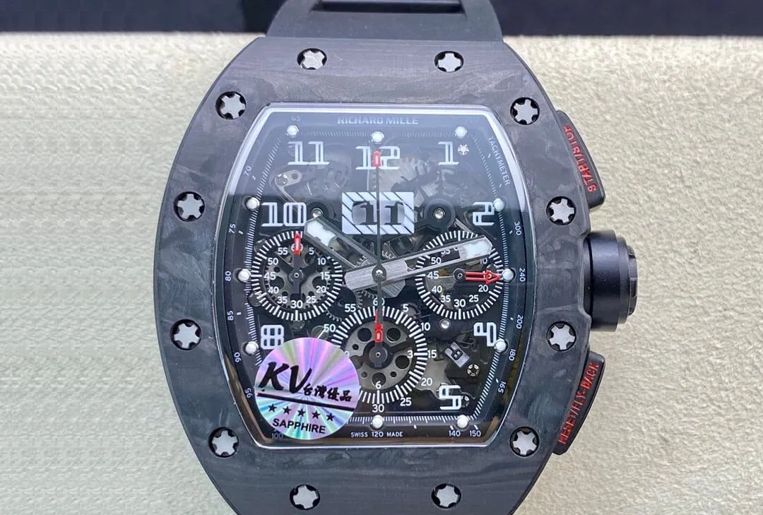 Richard Mille RM011 KV Factory 1:1 Best Edition Replica Watch Carbon Fiber Rubber Strap