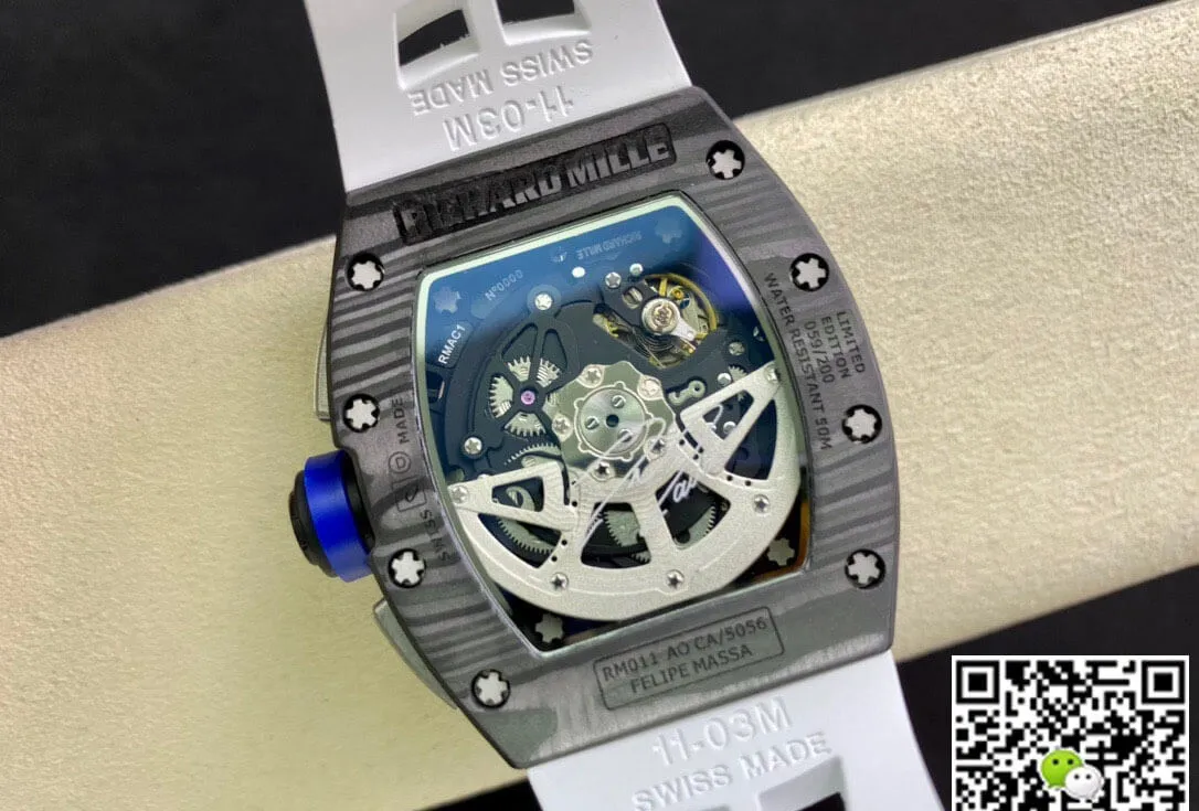 Richard Mille RM011 KV Factory 1:1 Best Edition Replica Watch Carbon Fiber White Rubber Strap