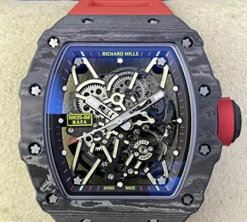 Replica Richard Mille RM35-02 T+ Factory 1:1 Best Edition Replica Watch Skeleton Dial Red Rubber Strap