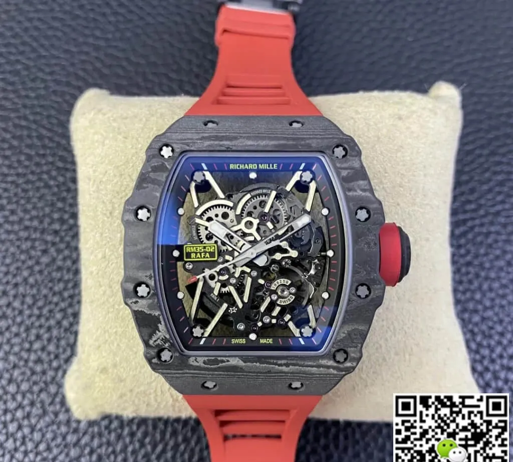 Replica Richard Mille RM35-02 T+ Factory 1:1 Best Edition Replica Watch Skeleton Dial Red Rubber Strap