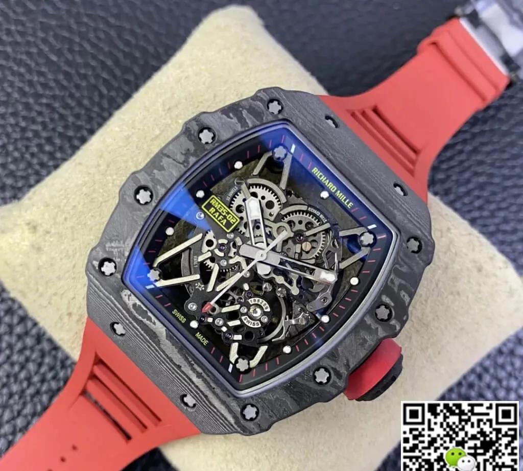 Replica Richard Mille RM35-02 T+ Factory 1:1 Best Edition Replica Watch Skeleton Dial Red Rubber Strap
