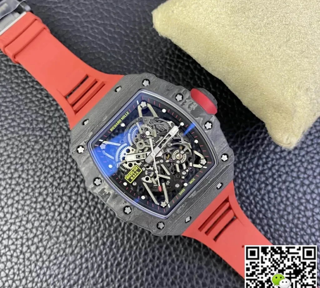 Replica Richard Mille RM35-02 T+ Factory 1:1 Best Edition Replica Watch Skeleton Dial Red Rubber Strap