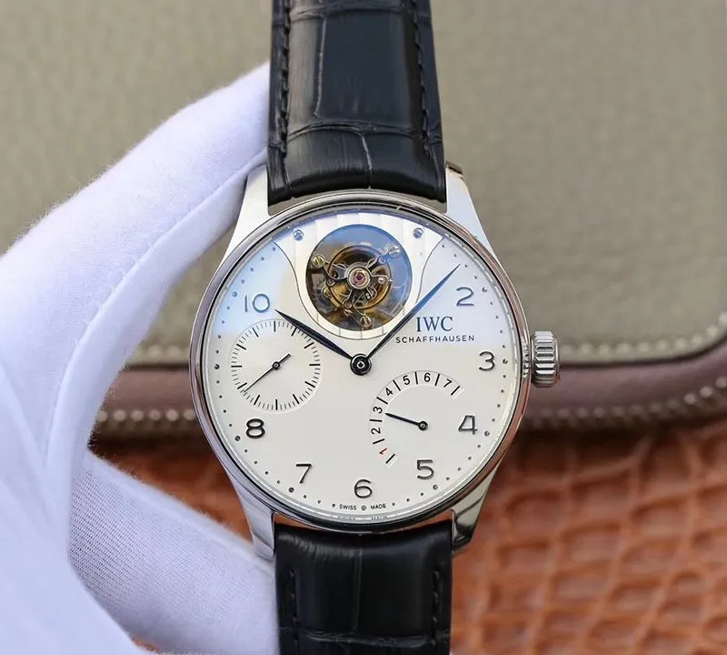 IWC Portuguese IW504202 Real Tourbillon 1:1 Best Edition Replica Watch White Dial On Black Leather Strap Swiss ETA Tourbillon