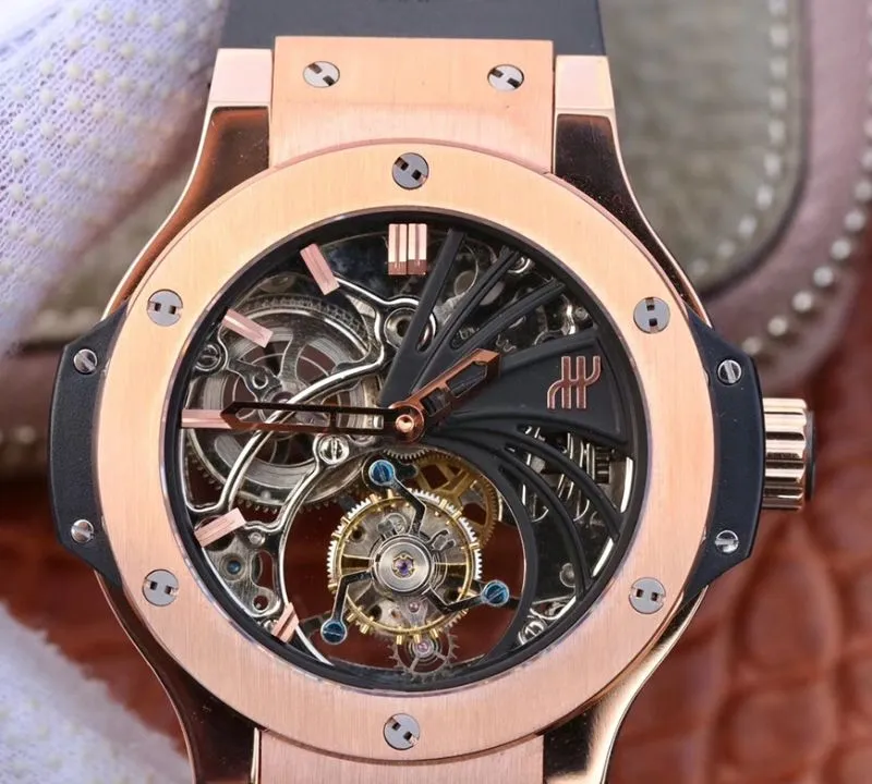 Hublot Big Bang hollow tourbillon 1:1 Best Edition Replica Watch Swiss Seagull hand-winding tourbillon movement 18K Rose Gold