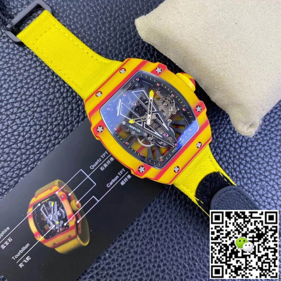 Richard Mille RM27-03 Rafael Nadal Tourbillon RM Factory 1:1 Best Edition Replica Watch Skeleton Dial Yellow Strap