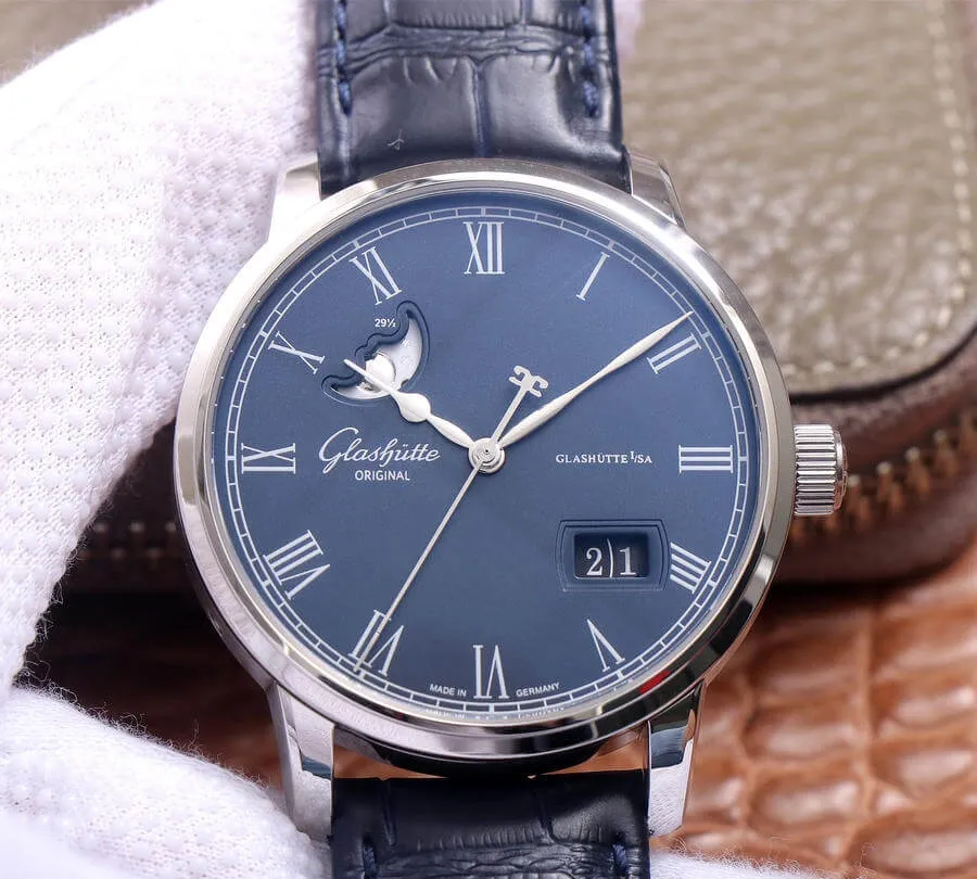 Glashutte Senator 1-36-04 V9 Factory 1:1 Best Edition Replica Watch Blue Leather Strap