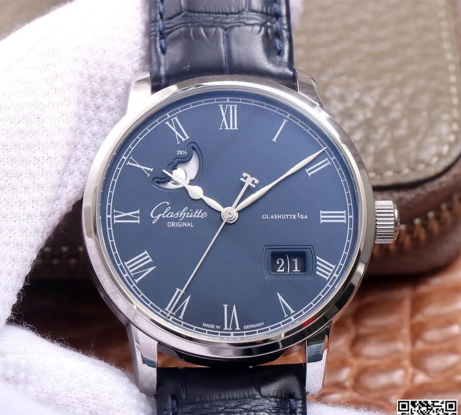 Glashutte Senator 1-36-04 V9 Factory 1:1 Best Edition Replica Watch Blue Leather Strap