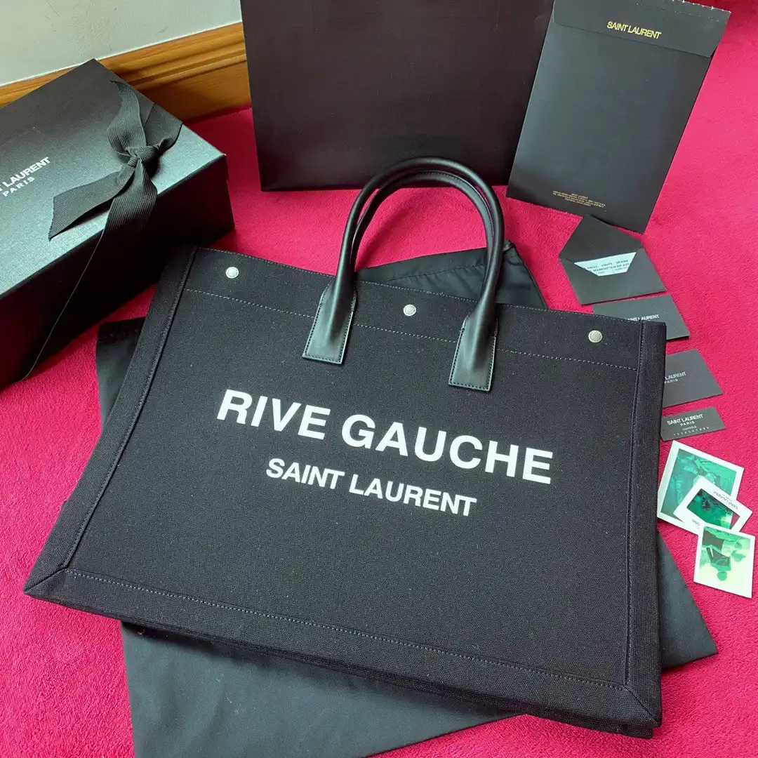 YSL RIVE GAUCHE TOTE BAG IN PRINTED LINEN AND LEATHER