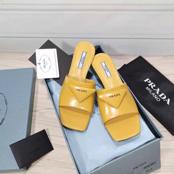 HOT SALE PRADA Brushed leather mid-heeled slides