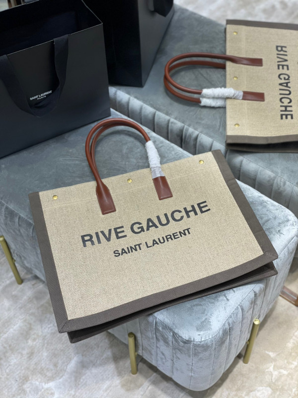 HOT SALE YSL RIVE GAUCHE TOTE BAG IN LINEN AND LEATHER