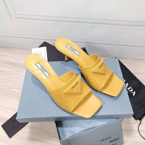 HOT SALE PRADA Brushed leather mid-heeled slides