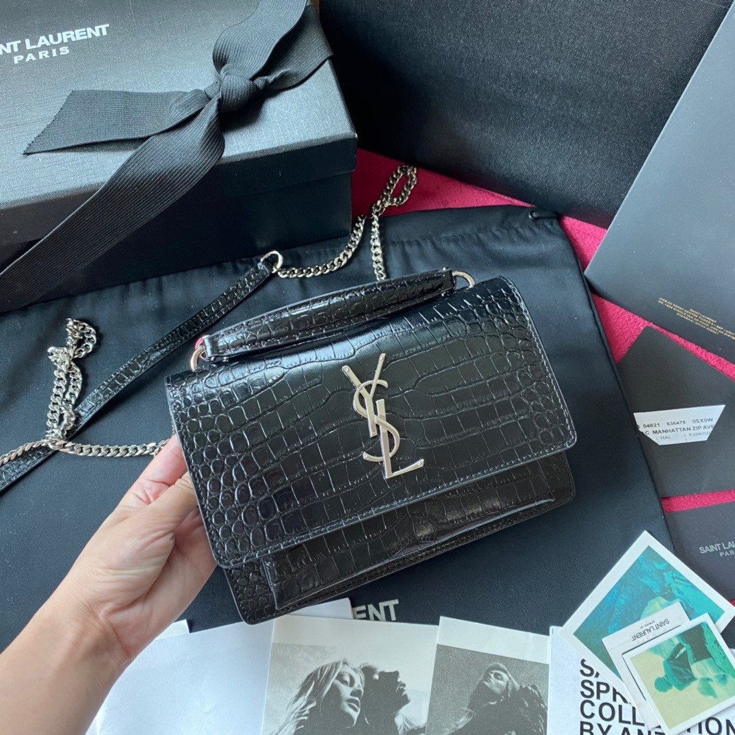 HOT SALE YSL SUNSET IN CROCODILE-EMBOSSED SHINY LEATHER