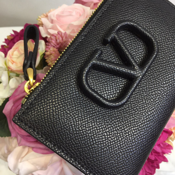 HOT SALE VALENTINO VSLING GRAINY CALFSKIN CARDHOLDER WITH ZIPPER