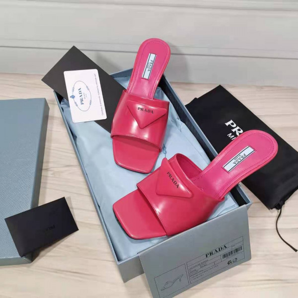 HOT SALE PRADA Brushed leather mid-heeled slides