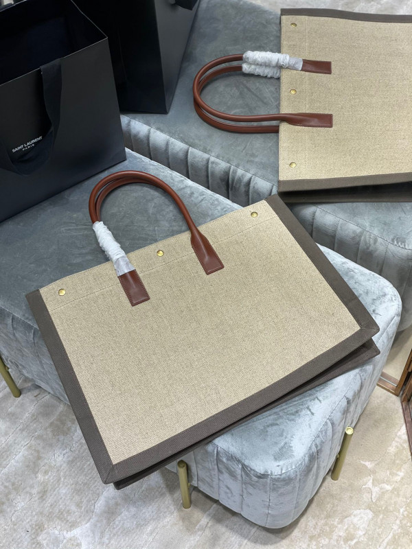 HOT SALE YSL RIVE GAUCHE TOTE BAG IN LINEN AND LEATHER