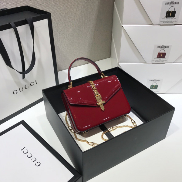 HOT SALE GUCCI Sylvie 1969 patent leather mini top handle bag