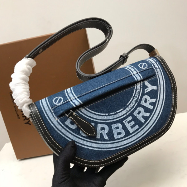 HOT SALE BURBERRY Small Logo Graphic Denim and Leather Olympia Bag