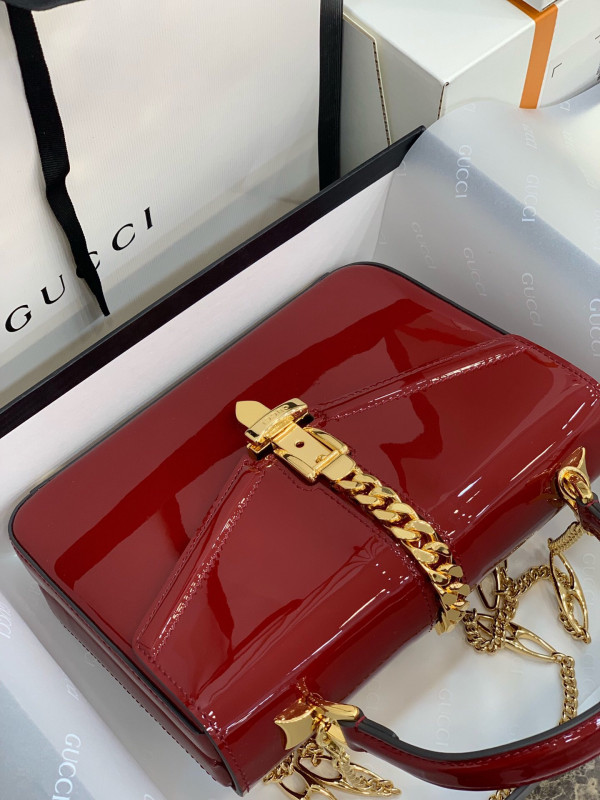 HOT SALE GUCCI Sylvie 1969 PATENT LEATHER MINI TOP HANDLE BAG