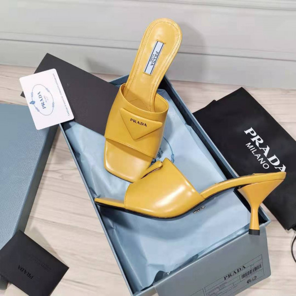 HOT SALE PRADA Brushed leather mid-heeled slides