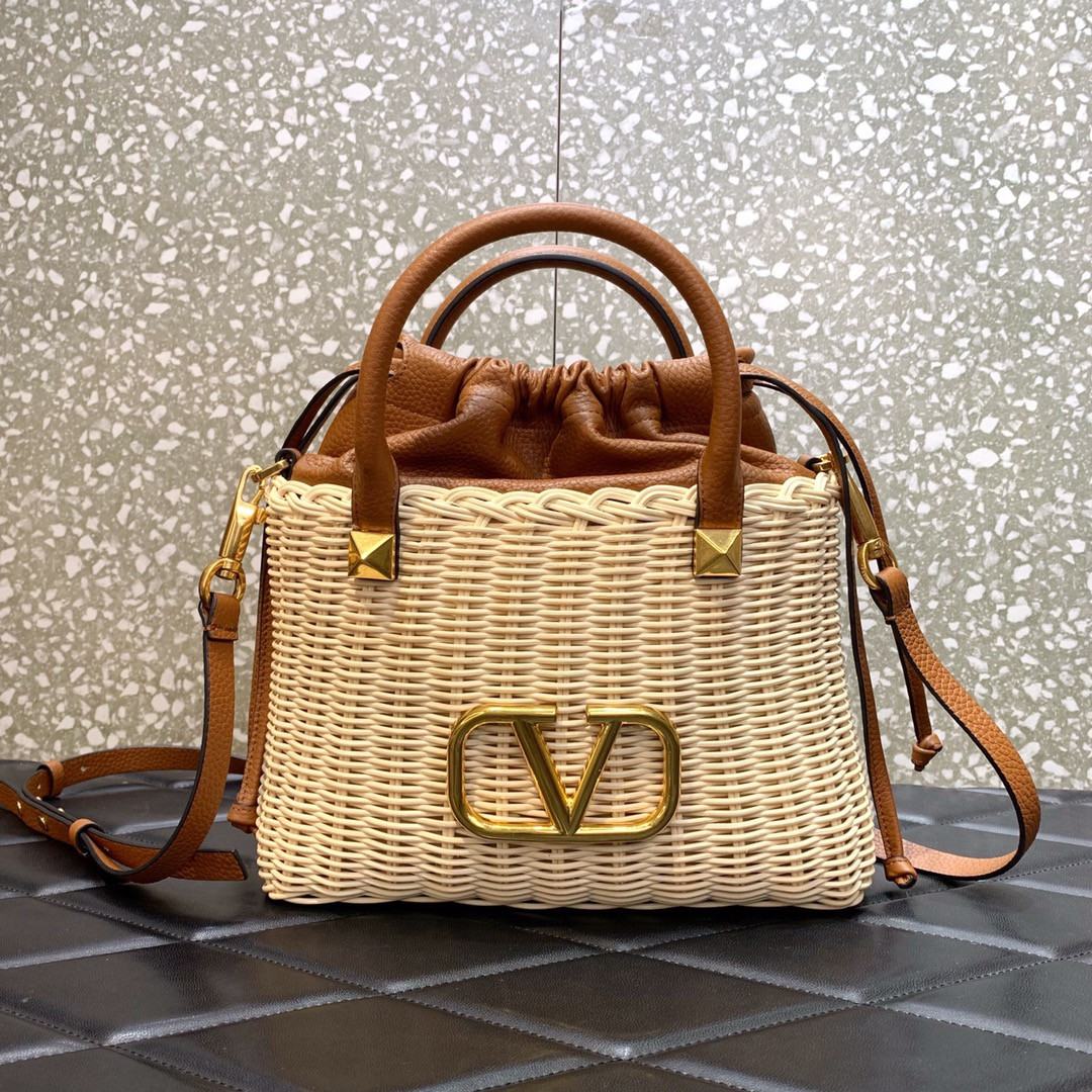 HOT SALE VALENTINO VLOGO SIGNATURE WICKER BUCKET BAG