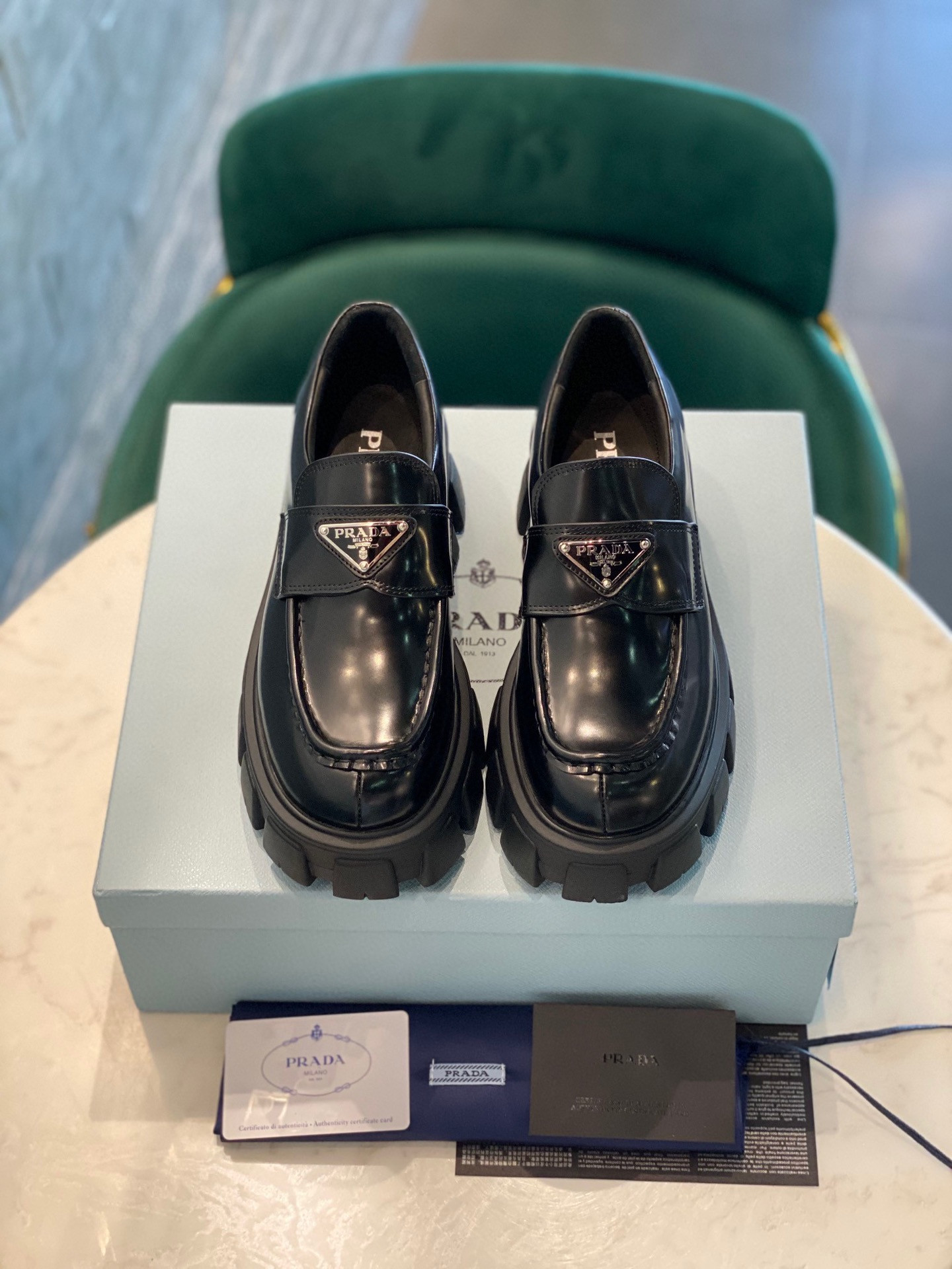 HOT SALE PRADA Brushed leather Monolith loafers