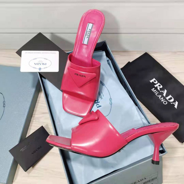 HOT SALE PRADA Brushed leather mid-heeled slides