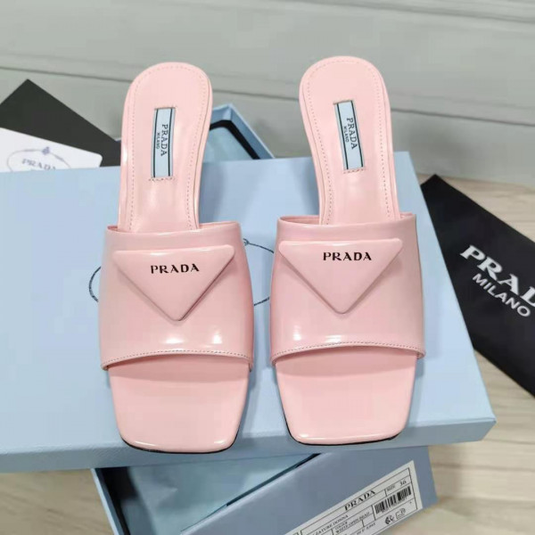 [FREE SHIPPING] PRADA Brushed leather mid-heeled slides