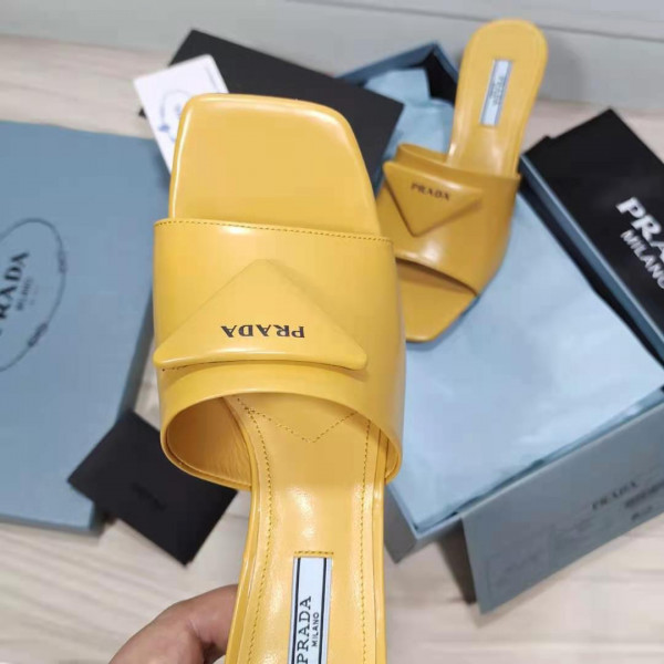 HOT SALE PRADA Brushed leather mid-heeled slides