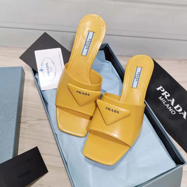 HOT SALE PRADA Brushed leather mid-heeled slides