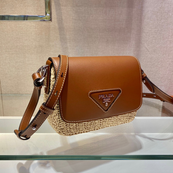 HOT SALE PRADA Raffia and Leather Shoulder Bag