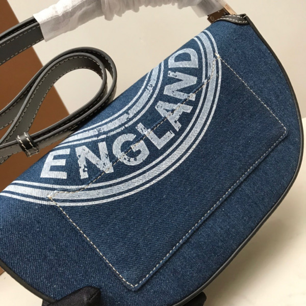 HOT SALE BURBERRY Small Logo Graphic Denim and Leather Olympia Bag