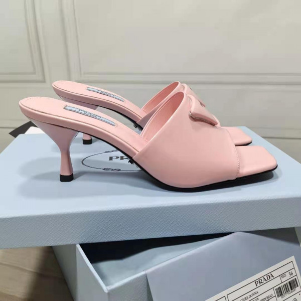 [FREE SHIPPING] PRADA Brushed leather mid-heeled slides